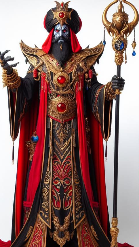 Ahk Bin Malad — a lich in ornate red and gold vestments, bearing a jeweled staff