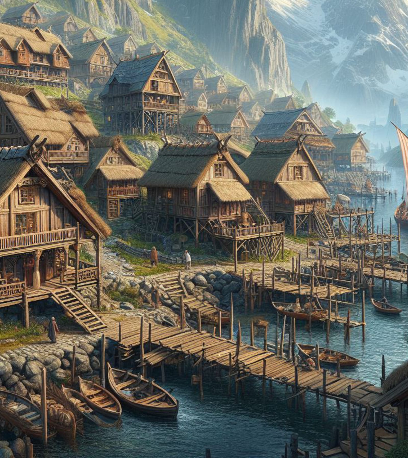 A coastal settlement of Atoa, its docks busy with longboats