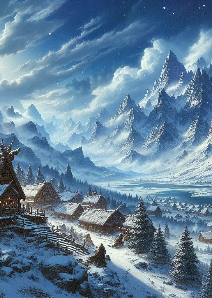 A snowbound village beneath the mountains of Atoa