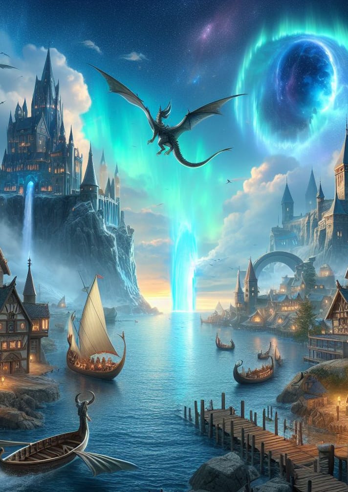 The World of Merr'onna — cover art: longships sail into a harbor beneath auroras and a rift in the sky