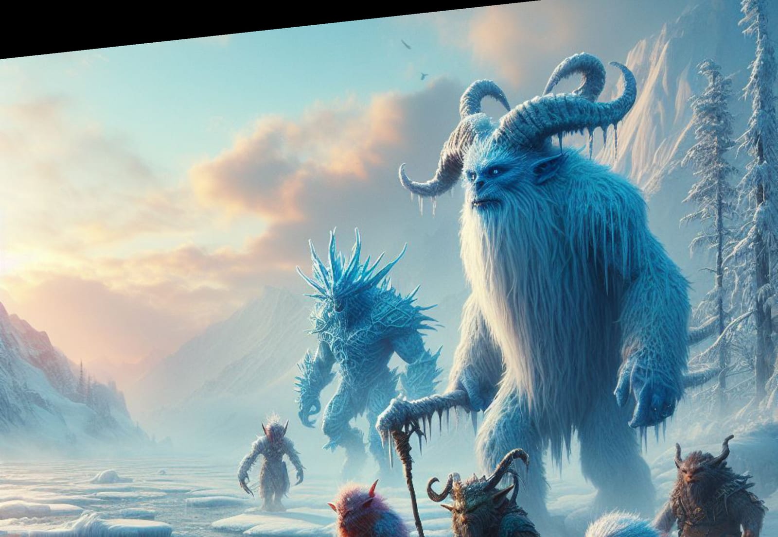 Frost Giants gathered on a glacier beneath the Northern Lights