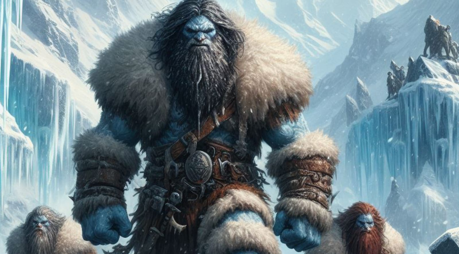 A band of goliath warriors before a wall of ice