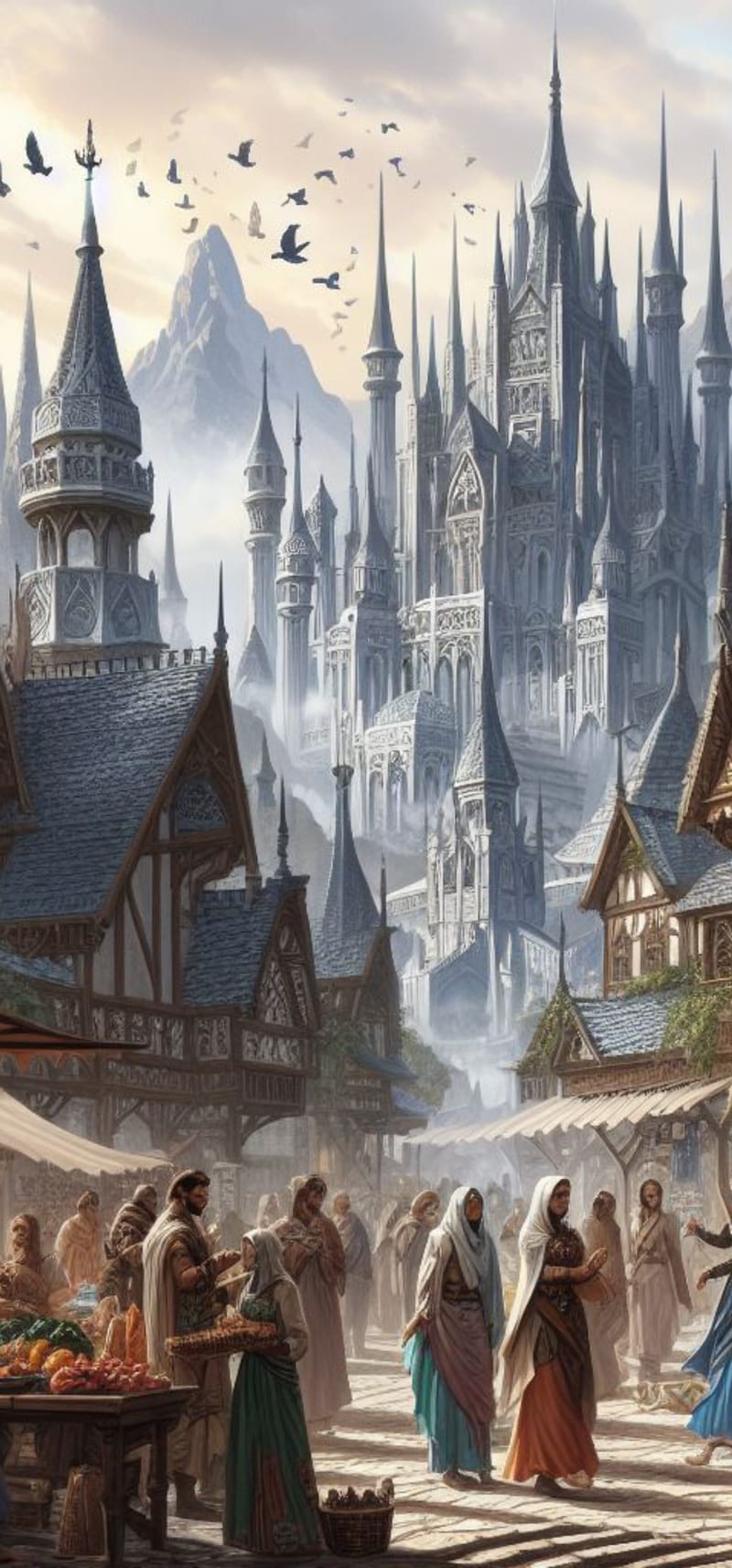 A market street in Highfall's metropolis, beneath pale mountain spires