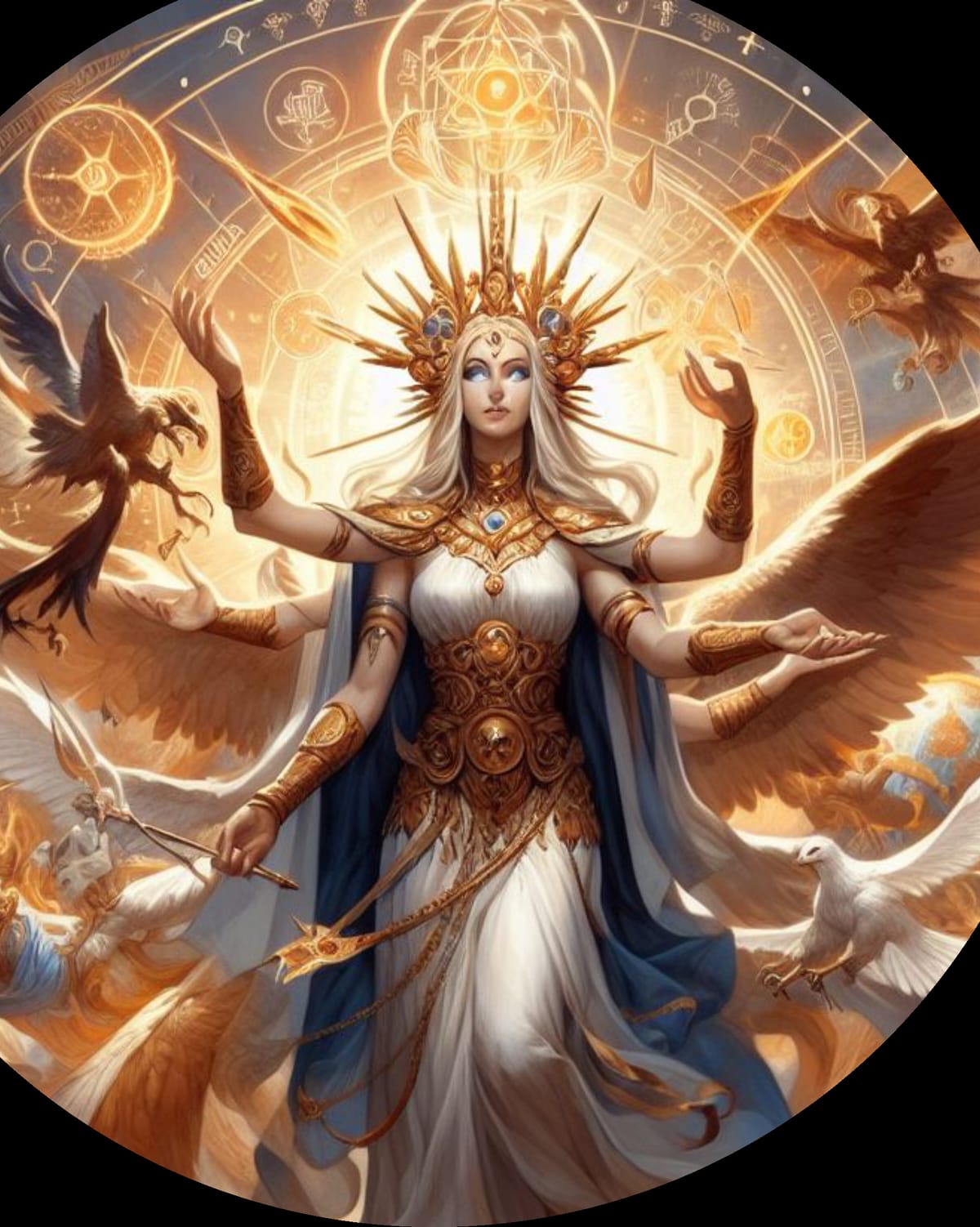 Illyria — a radiant goddess with flowing golden hair, crowned in light