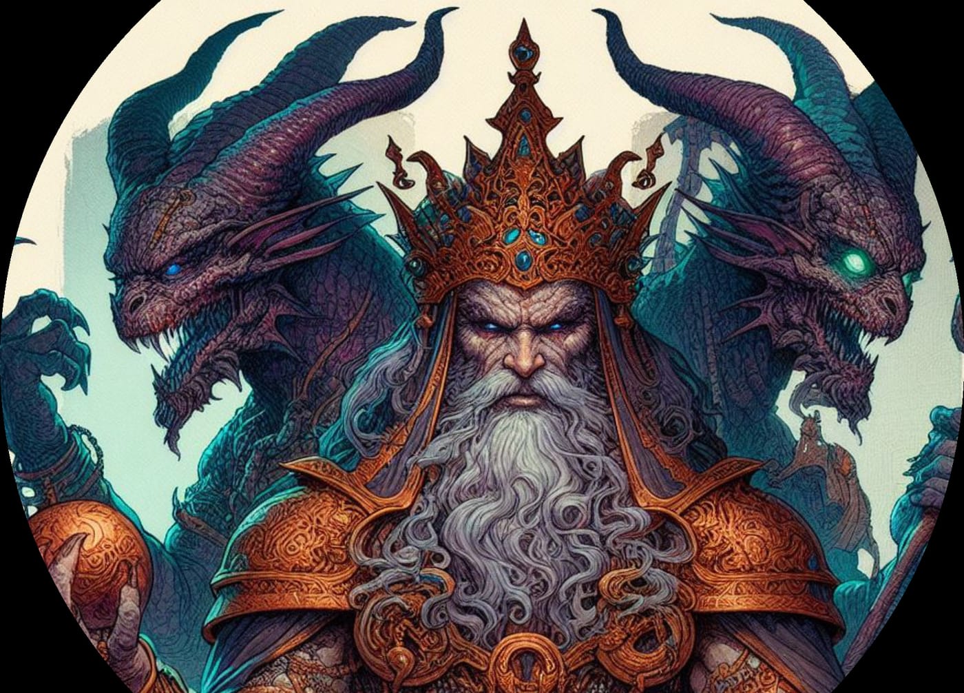 Mordrax — a crowned, bearded figure wreathed in serpentine shadow