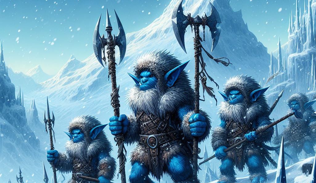 A pack of Scold — small blue frost goblins in furs, bearing javelins and axes