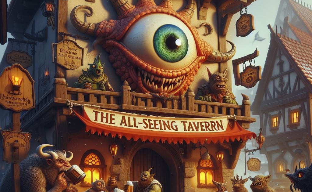 An All-Seeing Tavern, its sign watched over by a great beholder eye