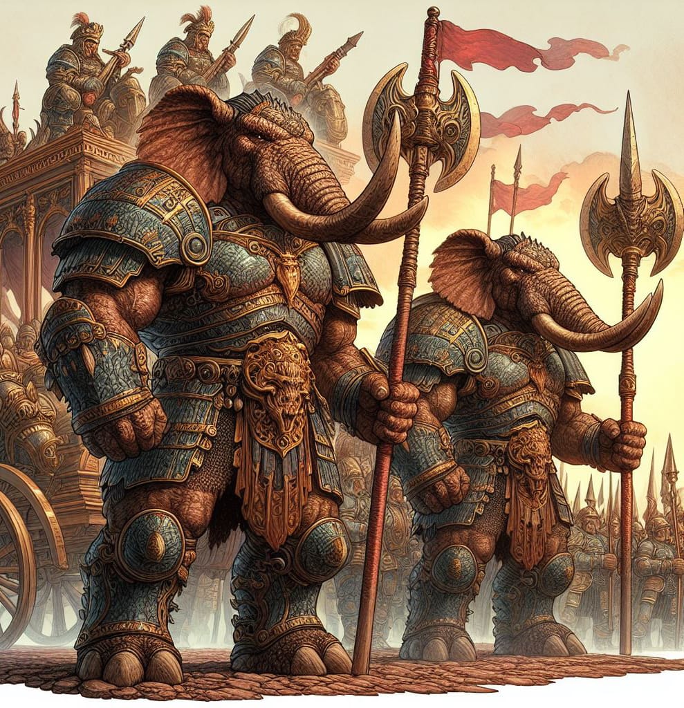 Raja and Mara — armored Luxodon twins bearing polearms and banners