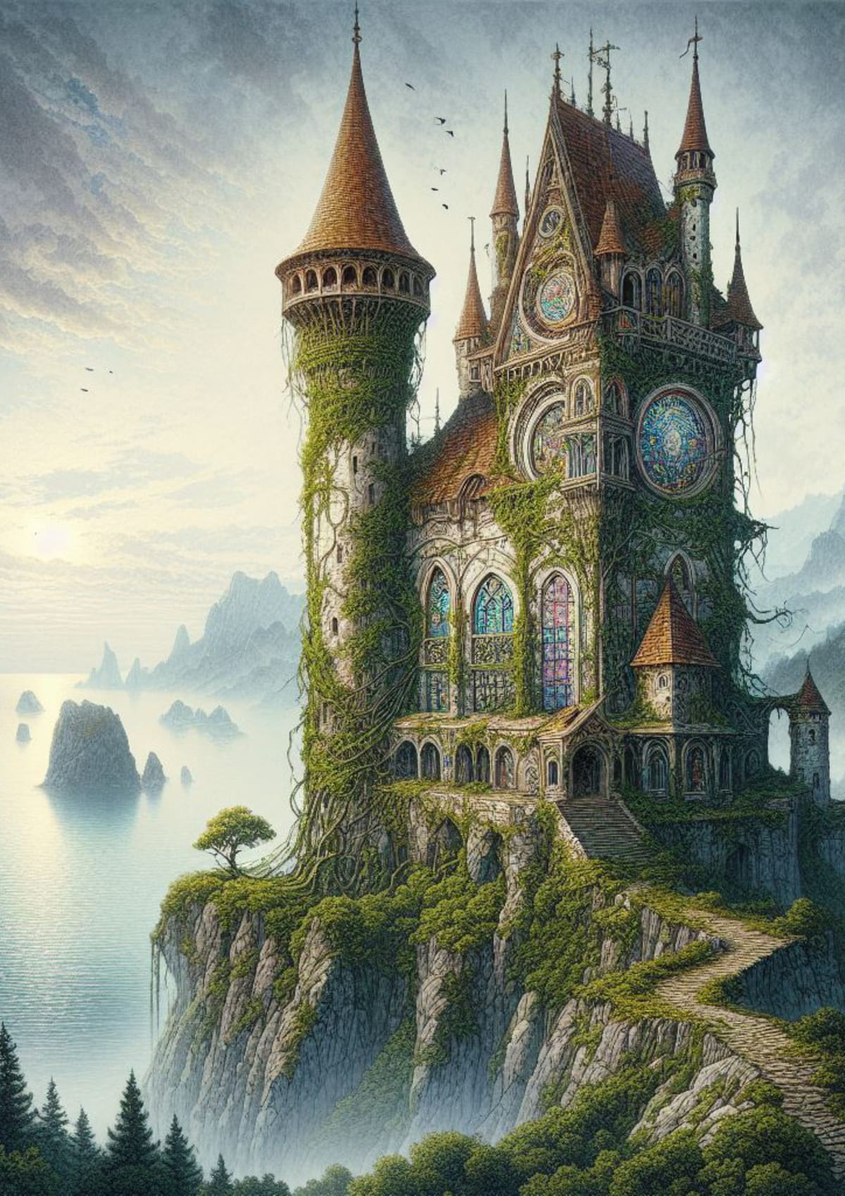 A vine-covered wizard's tower rising above a misty sea cliff