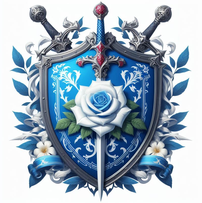 The crest of the Order of the White Shield — a white rose upon a blue shield, flanked by swords