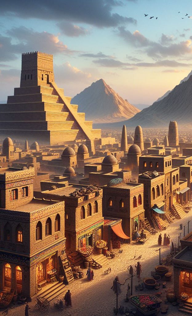 A ziggurat rises over a desert market town